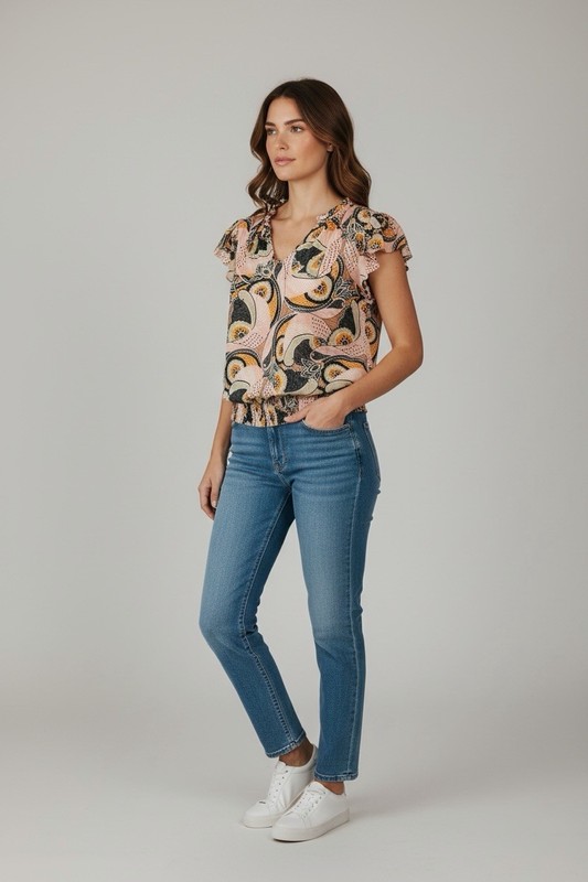 Rose & Olive Women’s Size XS Short Flutter Sleeve V Tie Neck Floral Blouse