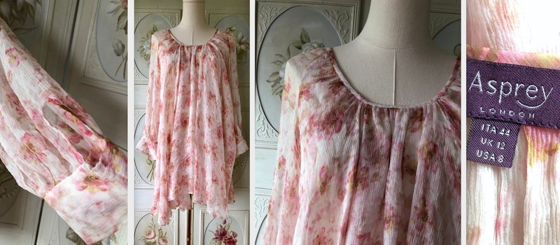 NWOT NEW ASPREY LONDON PURE SILK CREPE SHEER TUNIC TOP WHITE PINK YELLOW ITALY 8