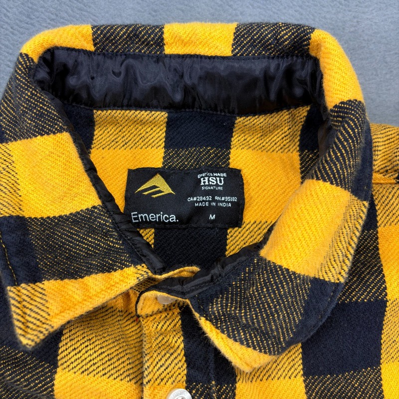 Emerica HSU Skateboarding Flannel Button Up Shirt Men's Medium Black/Yellow gallery