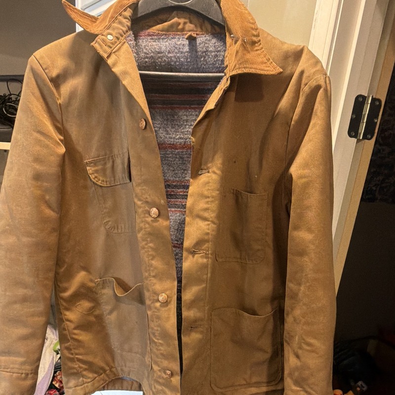 Men’s Brown Chore Coat Jacket M Button Front Wool Lined Pockets Vintage