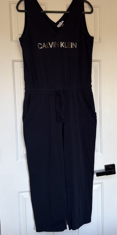 Calvin Klein Sleeveless V-neck Jumpsuit Tie Waist Jersey Material L Logo bling