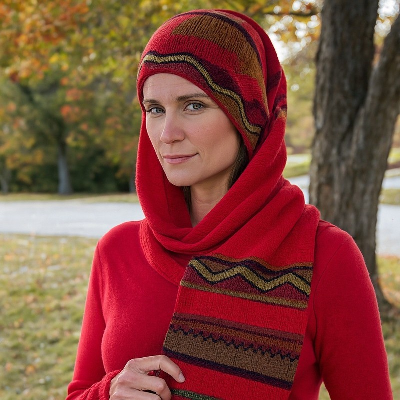 Peruvian Alpaca Wool Beanie Scarf 2 in 1 Knit Red Sky Cabincore Peruvian Soul
