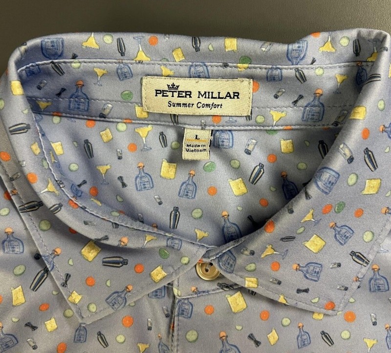 Peter Millar Golf Polo Shirt Men Size L Blue Party Drinks Print Summer Comfort