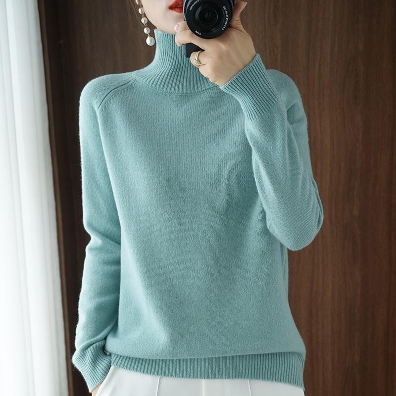 Women Merino Wool Sweater Mock Neck Cashmere Knit Winter Soft Top