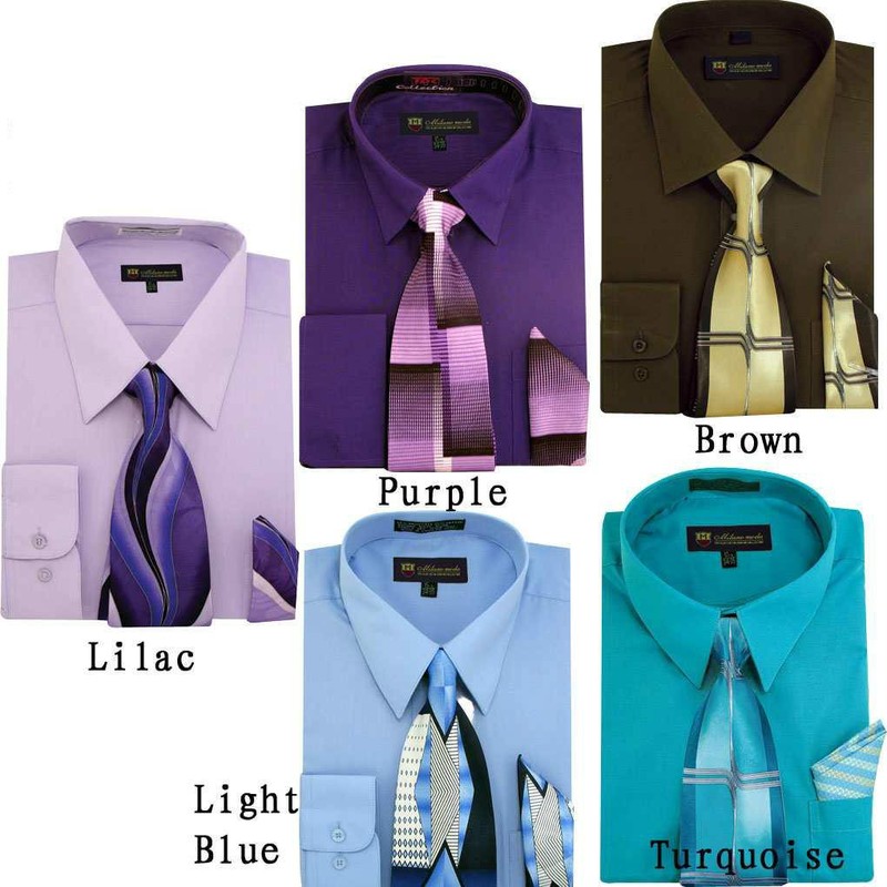 Men's Dress Shirt + Matching Tie + Handkerchief Set Unique Colors Size 15~20 S21 gallery