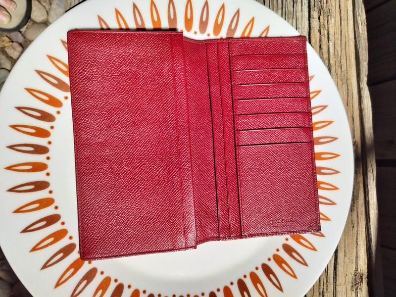 BVLGARI Red Leather Authentic Circle Logo Bi-fold Long Wallet W18×H11cm/4″X7″