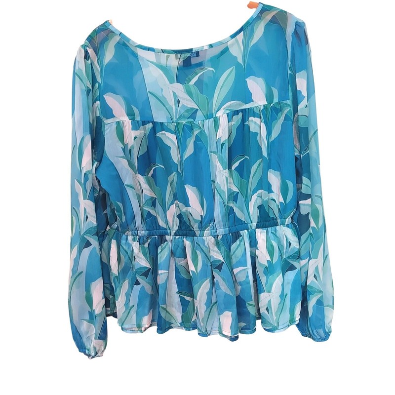 Venus Womens Top Size LG Blue Tropical Leaf Print Peplum Long Sleeve Chiffon