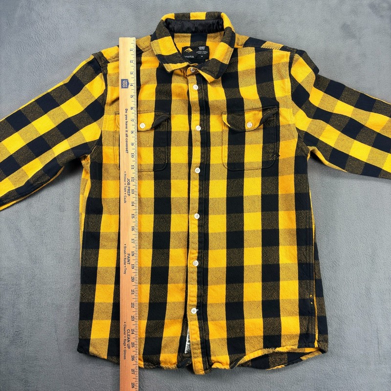 Emerica HSU Skateboarding Flannel Button Up Shirt Men's Medium Black/Yellow gallery