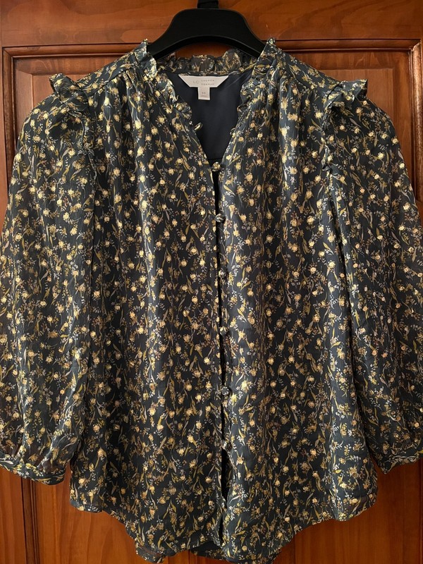 Womens Lauren Conrad Sheer Lined Blouse Top Shirt Green Gold Metallic Dressy Med