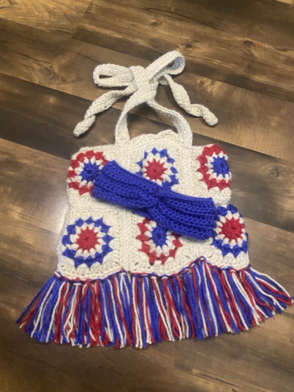 Crochet Halter Top Fringe Floral Tie Closure Red White Blue toddler 2T-3T