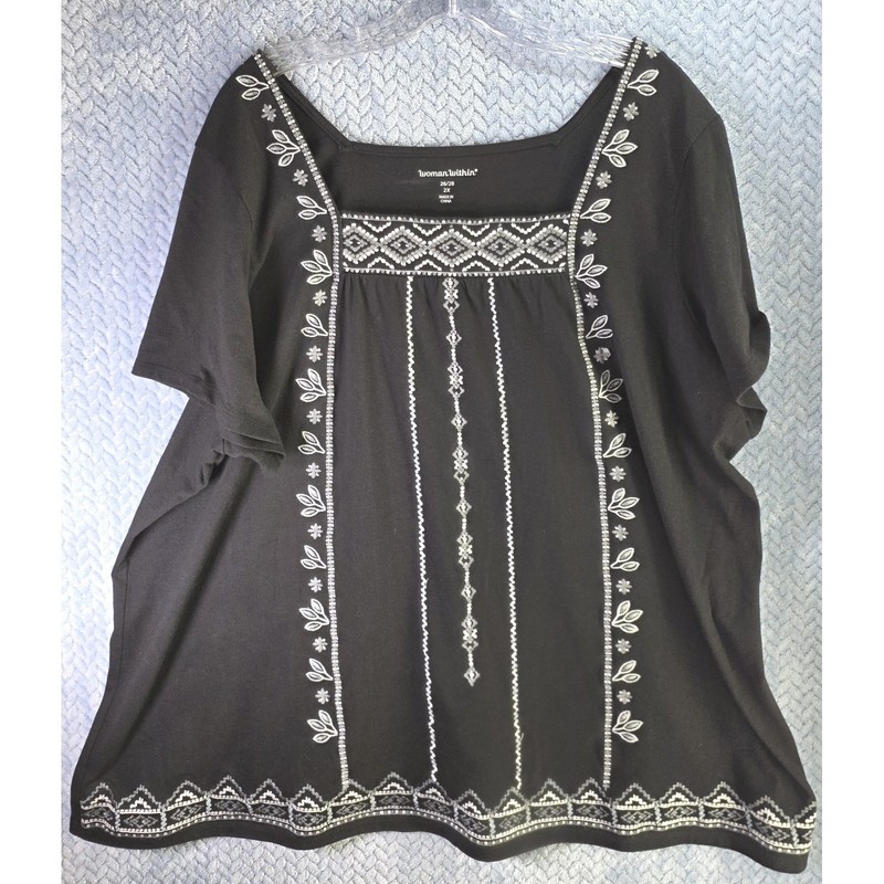 Woman Within Tunic Blouse Plus Size 2X 26/28 Black White Embroidery Square Neck