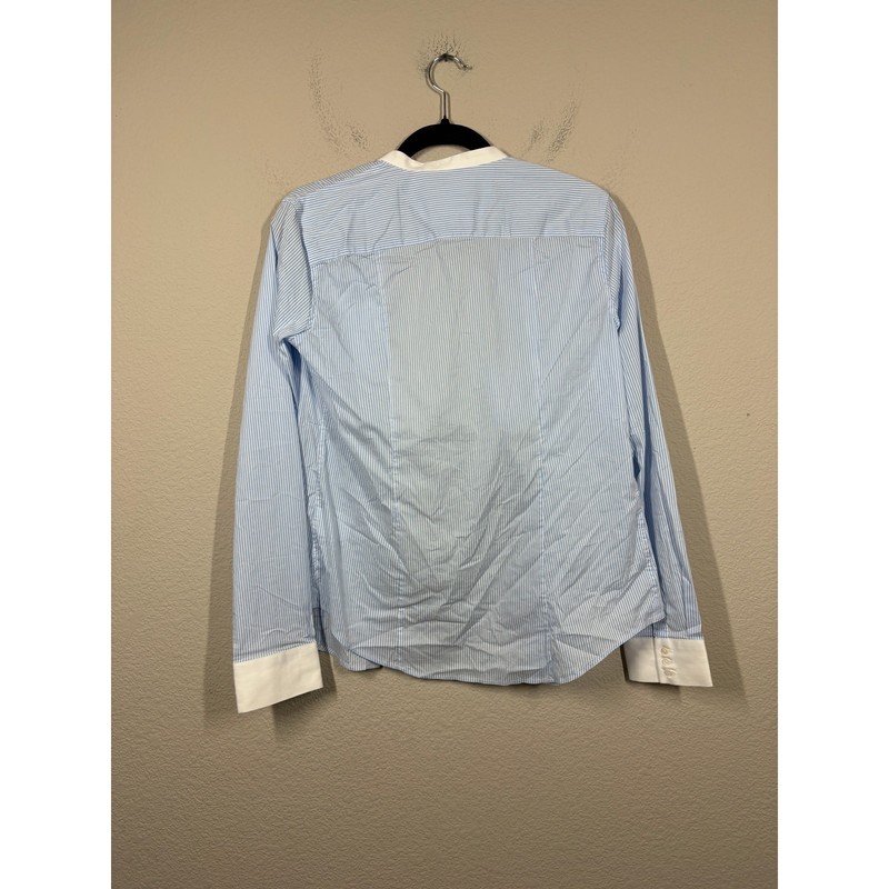 Les Canebiers Large Flat Collared Button Up Shirt Sky Blue Striped Cotton Blend gallery