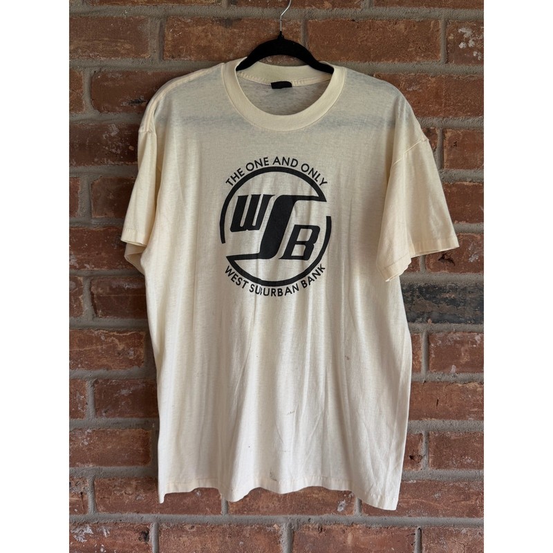 Vintage West Suburban Bank T Shirt Single Stitch USA Made Cream Tee Large