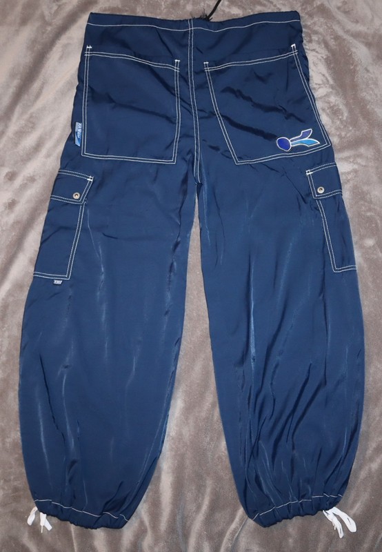 VTG KikWear Industries Navy Wide Leg Nylon Drawcord Cargo Pants Rave Skate 32×32
