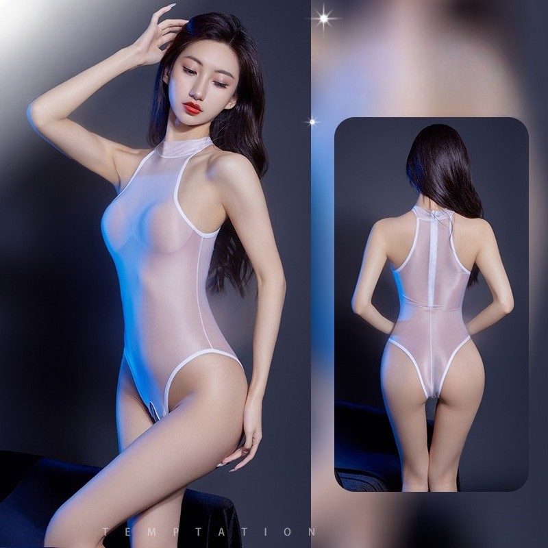 Sexy Oil Glossy Shiny Smooth Ultra-thin See-through Lingerie Leotard Bodysuit