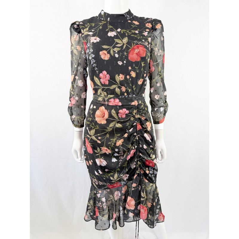 Eliza J Black Poppy Floral Print Belted Midi Dress Size 4 Formal Cocktail Party
