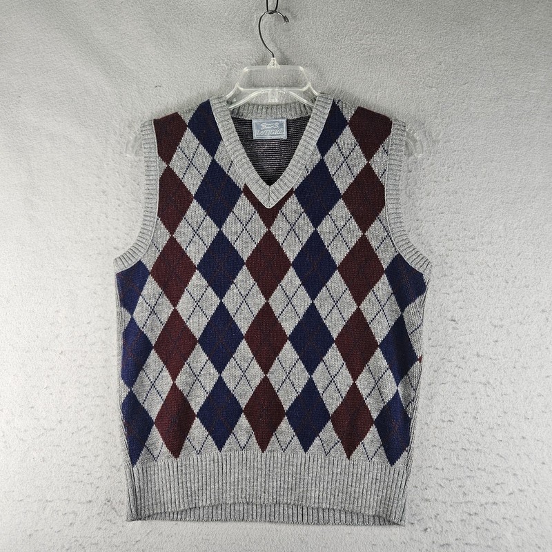 Vintage Le Tigre Sweater Vest Mens Medium Gray Blue Argyle Knit V Neck USA