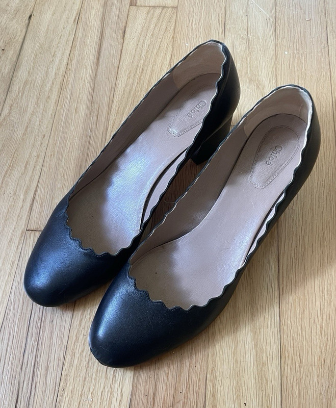 Chloé Black Leather Scalloped Edge Block Heel Round Toe Pumps Women’s US 8