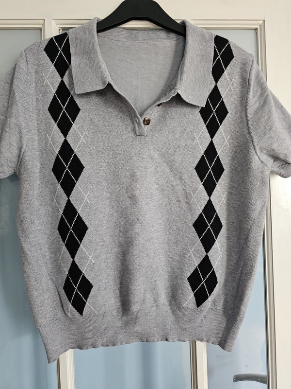 LADIES ARGYLE GREY KNITTED POLO TOP – SIZE XL – 12/14 NWOT