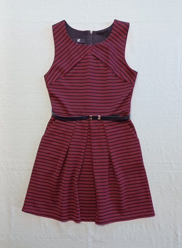 iZ Byer Sleeveless Dress Size 7 Wine Red & Black Stripe Fit & Flare W/Pockets gallery