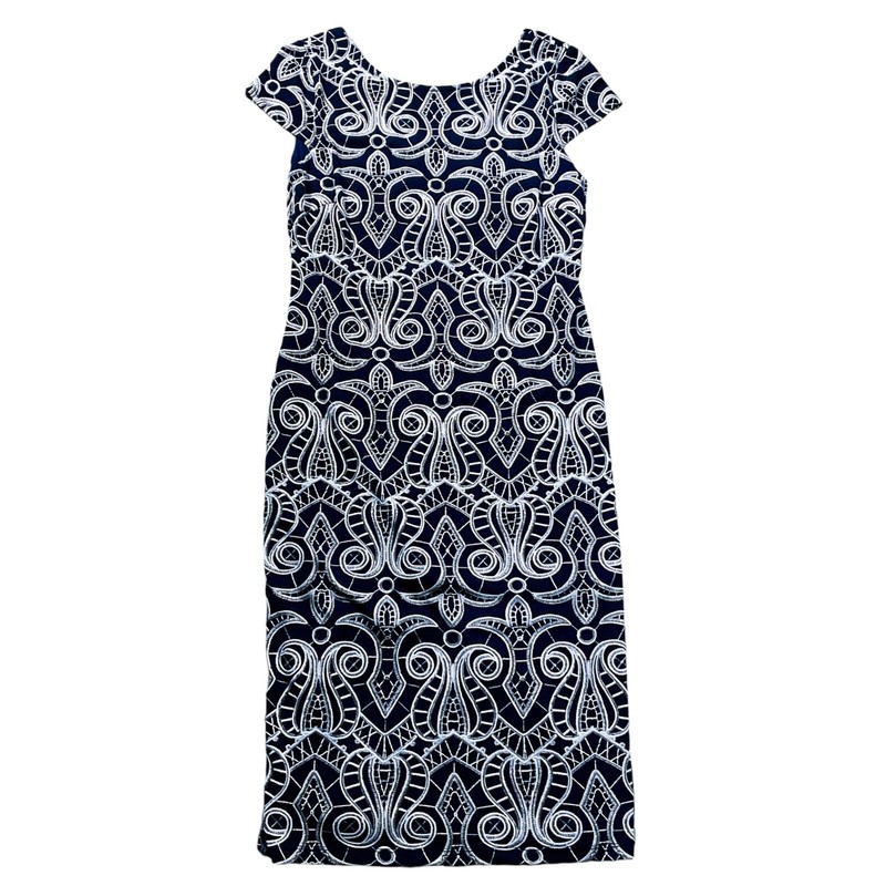 Ronni Nicole Womens Dress size 10 Navy Blue White Sheath Stretch Lined Back Zip