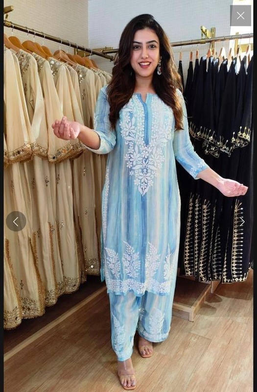 Sky Blue Rayon Kurta Palazzo Set Embroidered Ethnic Suit Summer Wear For Women gallery