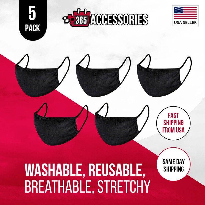 [5-Pcs] Black Face Fashion Mask Cloth Washable Unisex Black Soft Breathable