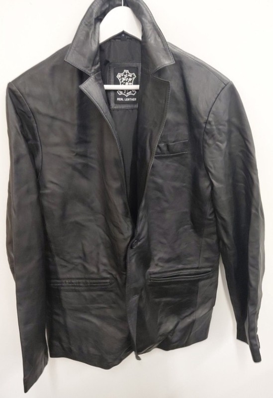 Real Leather Men’s Black Blazer Jacket Button Front Lined Notch Collar Size 46