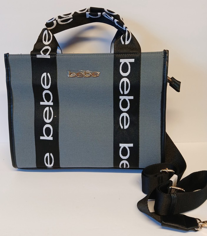 Bebe Hana Canvas Satchel Storm Grey Crossbody Bag Gold Logo Authentic