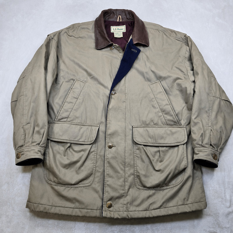 Vintage LL Bean Barn Coat XL Tan Leather Collar Chore Jacket Made In Korea EUC