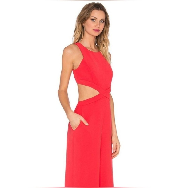 BCBGMaxAzria Size Medium Emjay Bold Red Wide Leg Jumpsuit Sexy Exposed Midriff