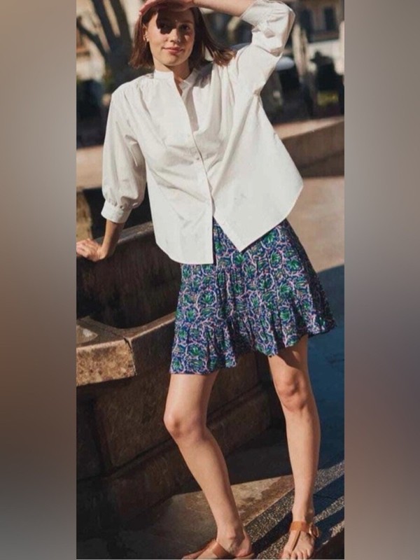 BODEN Blue Botanic Vine Floral Print Ruffle Mini Skirt, Size 20/22