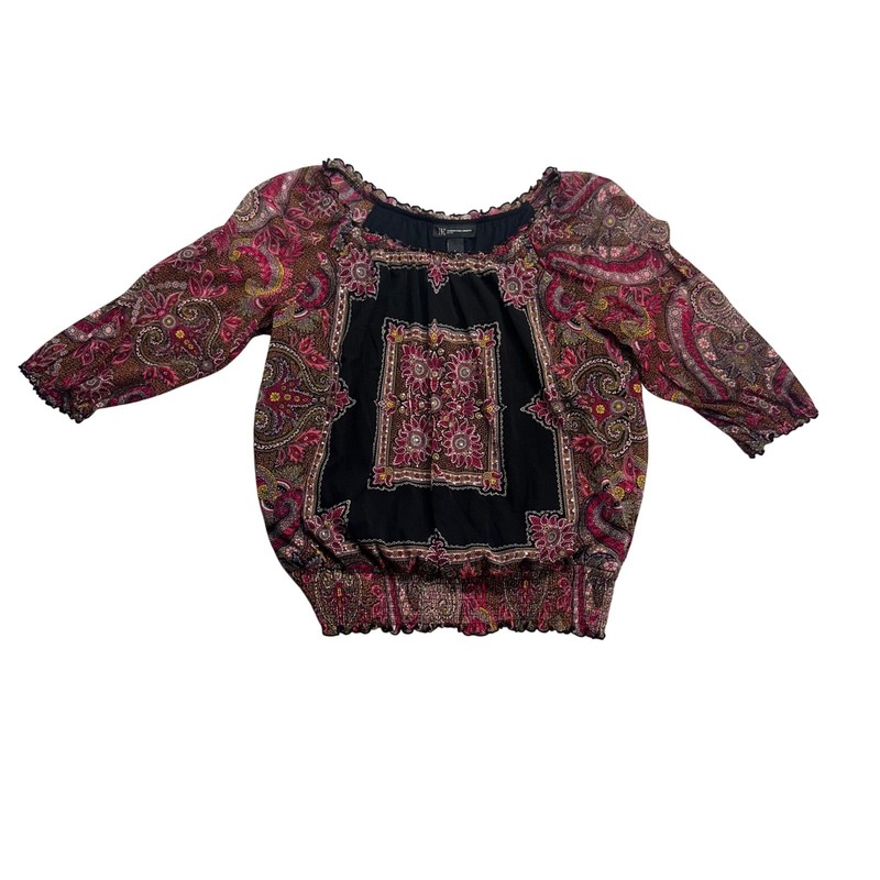 INC International Concepts Petite Large Pink Paisley Mesh Smocked Blouse Top L P