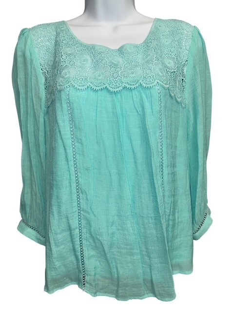 Figueroa & Flower PL Top Peasant Aqua Blue Sheer Lined Floral Crochet 3/4 Sleeve