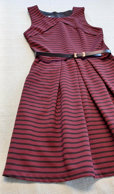 iZ Byer Sleeveless Dress Size 7 Wine Red & Black Stripe Fit & Flare W/Pockets gallery
