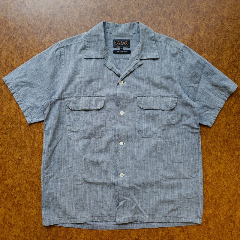 LNWOT BEAMS Plus Made in Japan Cotton Flax Chambray S/S Camp Collar Shirt Gray S