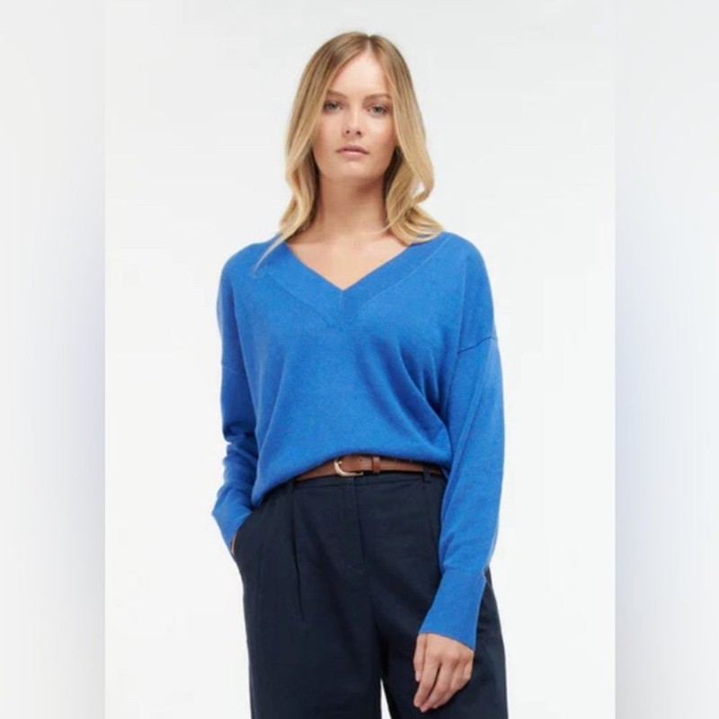 Barbour Women’s Linen Bathgate Knit V Neck Sweater Bluebell Size 10