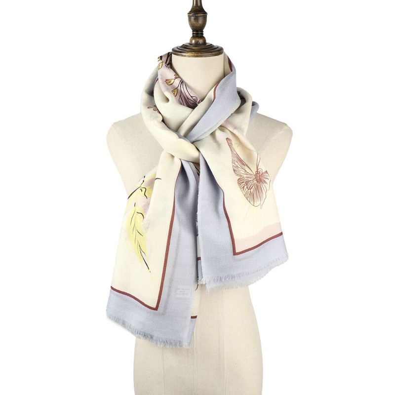 Women’s Merino Wool Scarf Soft Warm Natural Breathable Scarf (Floral, Blue)