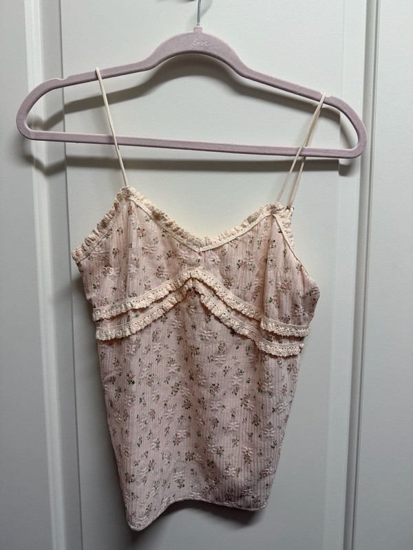 POL Floral Printed Lace Trim Ribbed Knit Cami Tank Top