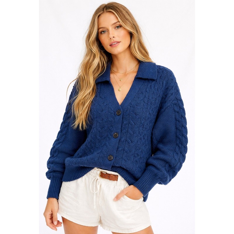 Lety & Me Mara Cable Jonny Collar Button Front Cardigan Indigo Blue Size S NWT