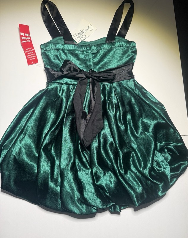 Vtg Y2K Mid-Girls Green Satin Fit & Flare Knee-Length Dress w/ Black Bow, Size 3