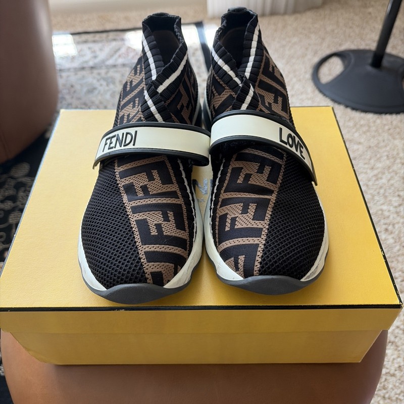 Fendi FF Sock Sneakers Women’s EU 40 US 9 Brown Black Logo Slip On Shoes