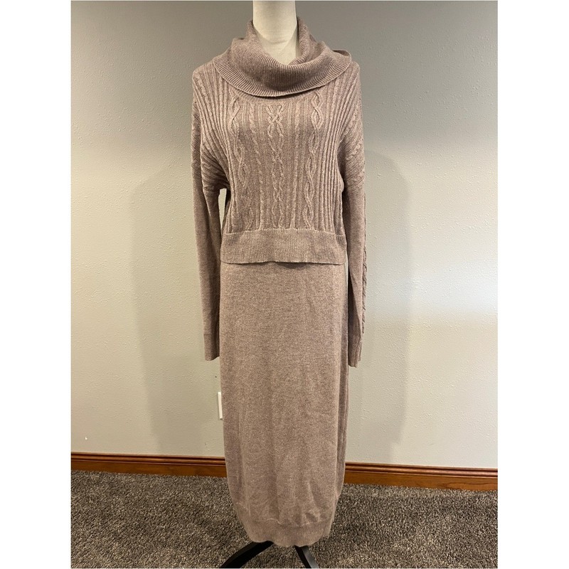 Tahari taupe color Cowl Neck Cable Knit Maxi Sweater Dress size extra large