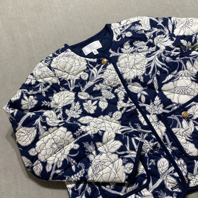 NEW Navy Floral Quilted Cotton Jacket Nautical Crest Goldtone buttons w/ pockets