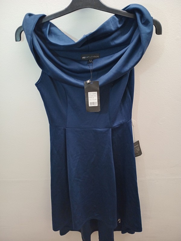 Mela London Navy Bardot Dipped Hem Dress UK10 BNWT