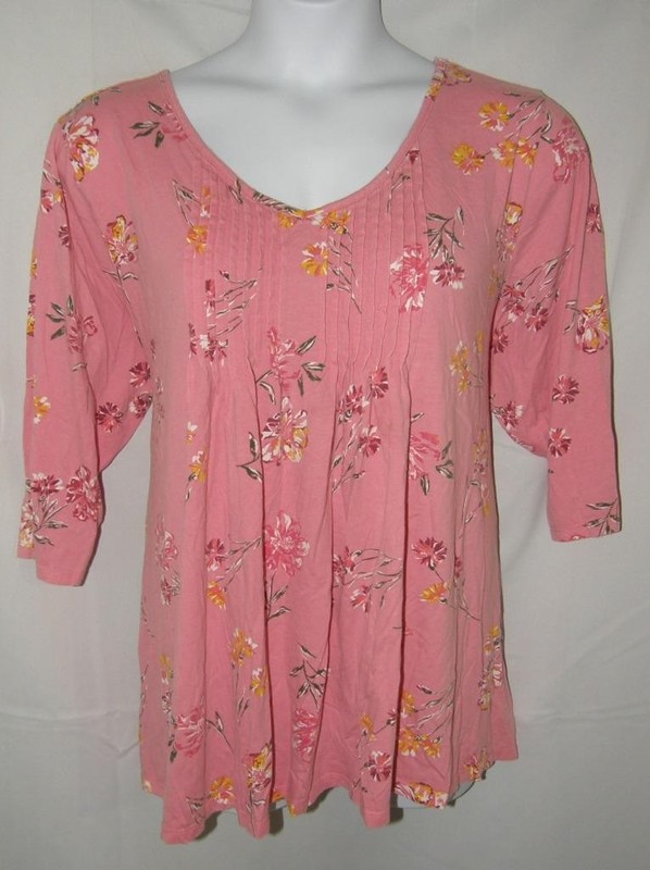 Pink Floral Plus Sz 30/32 Casual Wear Stretchy Pintuck Tee Shirt WOMAN WITHIN