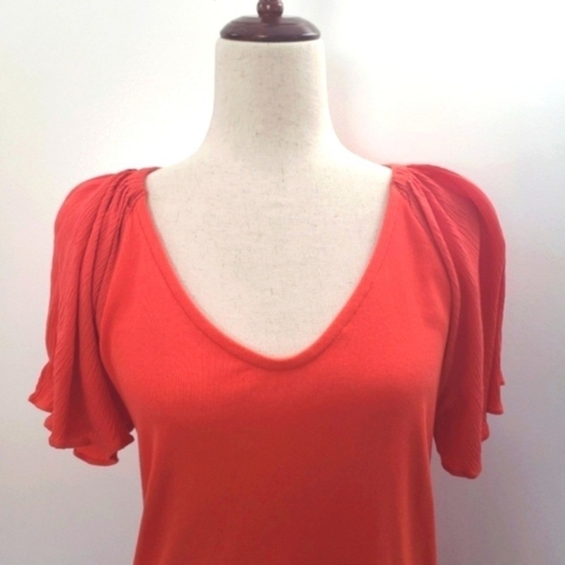 LOFT Women Coral Orange Flutter Sleeve V-Neck Ribbed Knit Top Large gallery