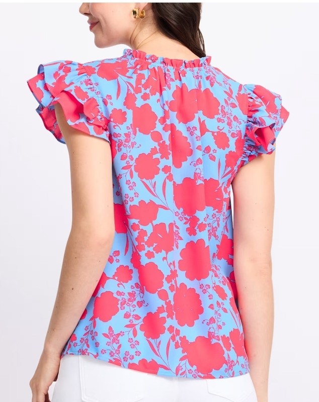 Sugarlips Pink/Blue Floral Thea Flutter Sleeve V Neck Blouse Top Size XL NWT gallery