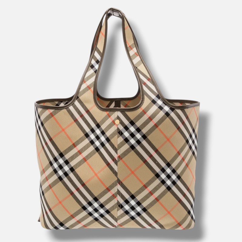 Burberry Women's Beige Small Leather Canvas Check Shopping Tote Bag gallery