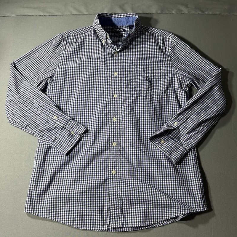 Chaps Easy Care Long Sleeve Button Down Gingham Shirt Purple White Black Medium